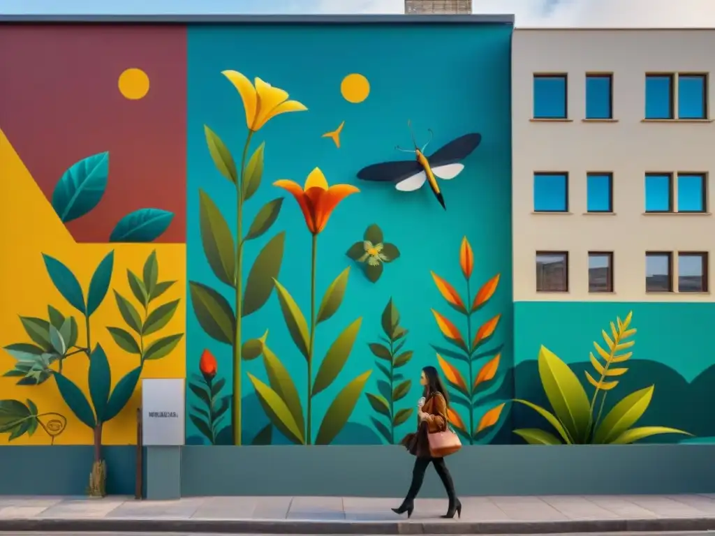 Un mural vibrante y detallado de flora y fauna uruguaya, entrelazado con patrones geométricos sostenibles