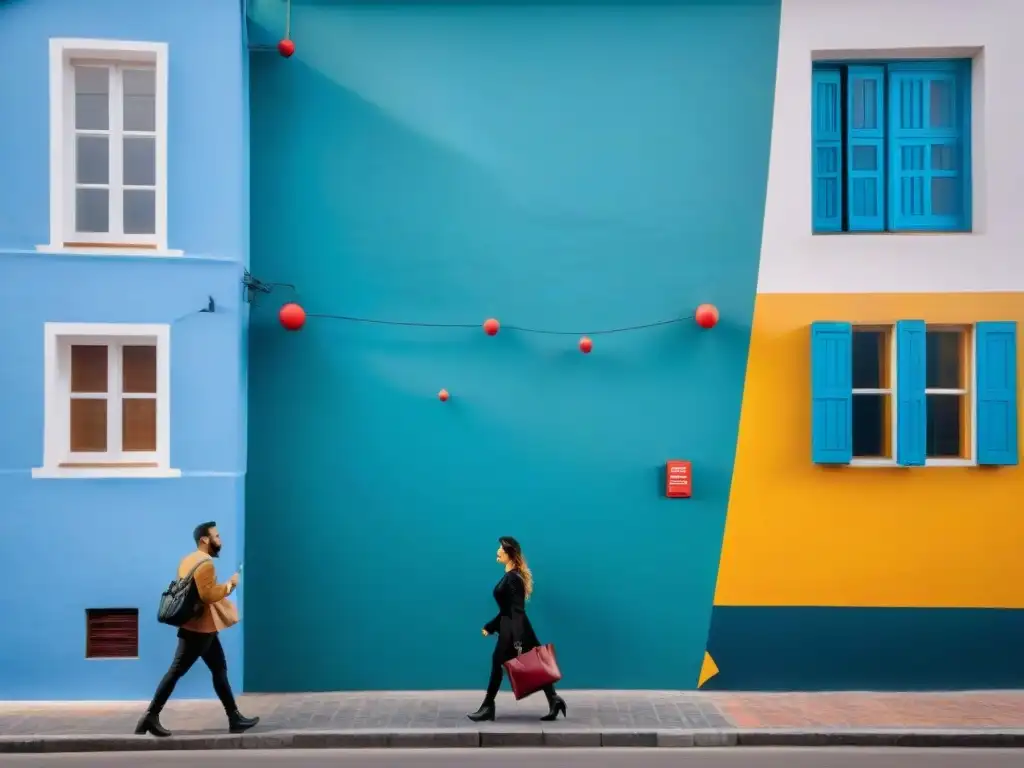 Un mural vibrante y detallado con formas abstractas y colores audaces, simbolizando arte contemporáneo Uruguay innovador