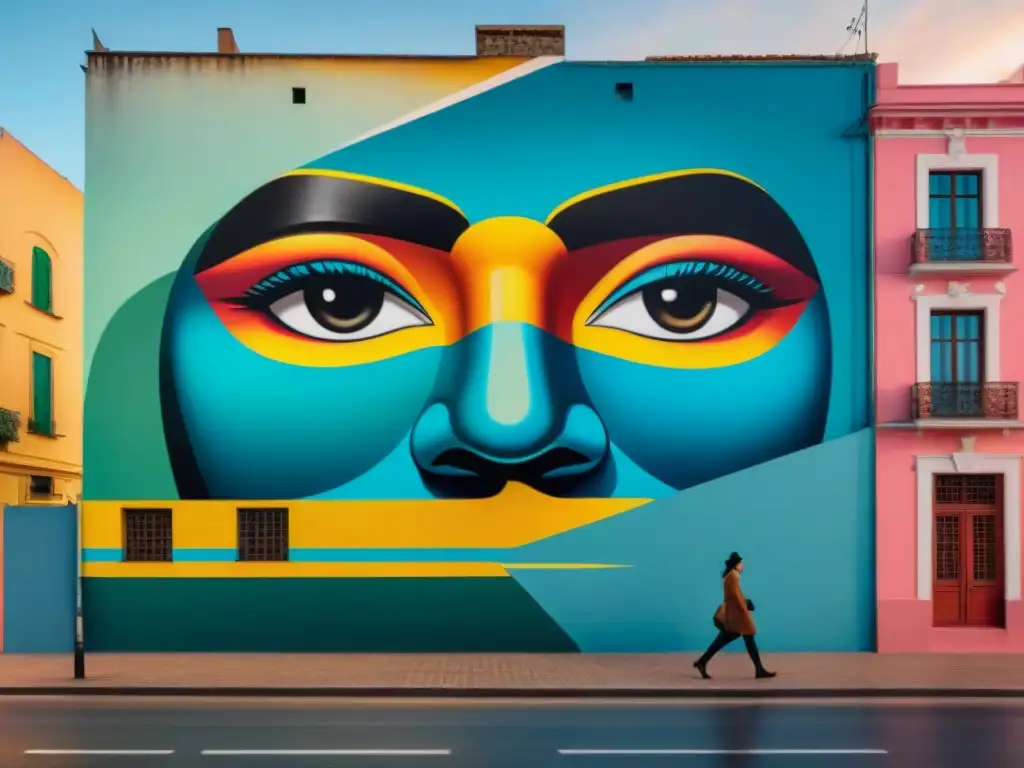 Un mural vibrante y detallado en Montevideo, Uruguay, muestra la fusión del arte contemporáneo y colores vivos