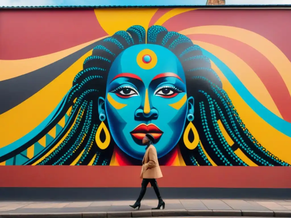 Un mural vibrante y detallado que mezcla motivos africanos tradicionales con elementos de arte urbano contemporáneo