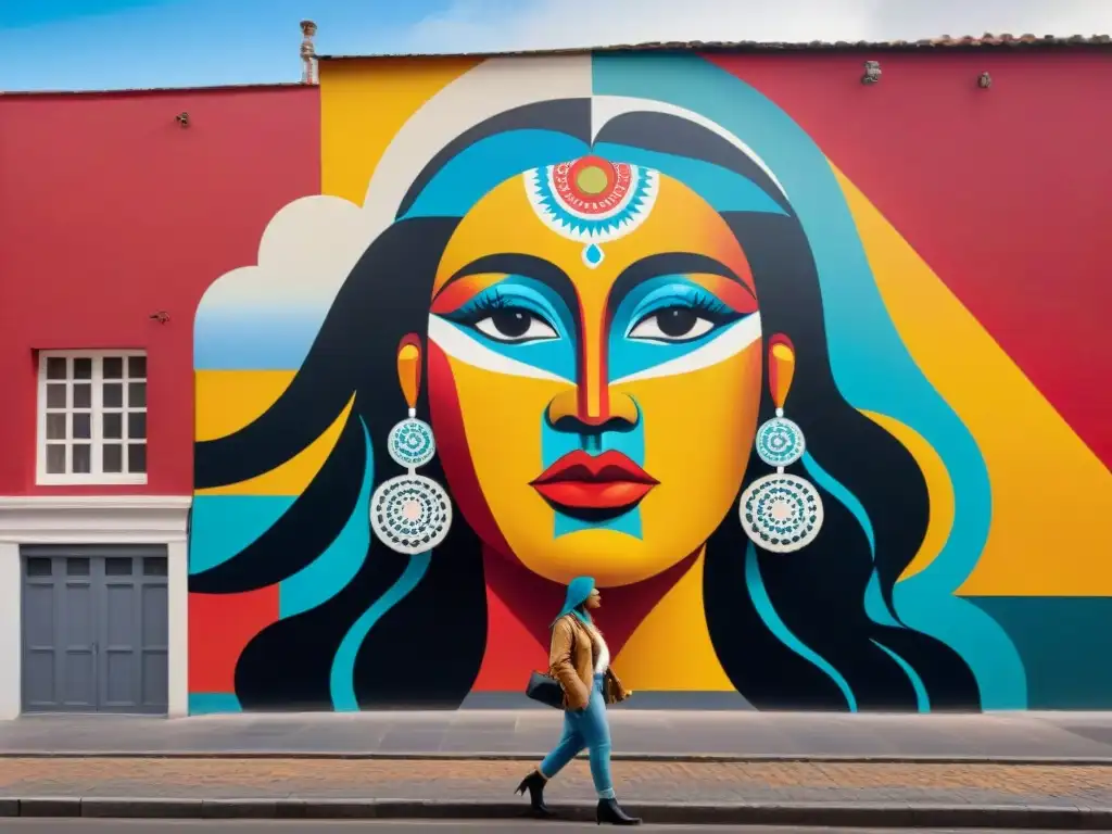 Un mural vibrante y detallado fusiona motivos tradicionales uruguayos con elementos abstractos modernos, destacando la fusión del arte contemporáneo uruguayo e impacto cultural en una escena urbana bulliciosa