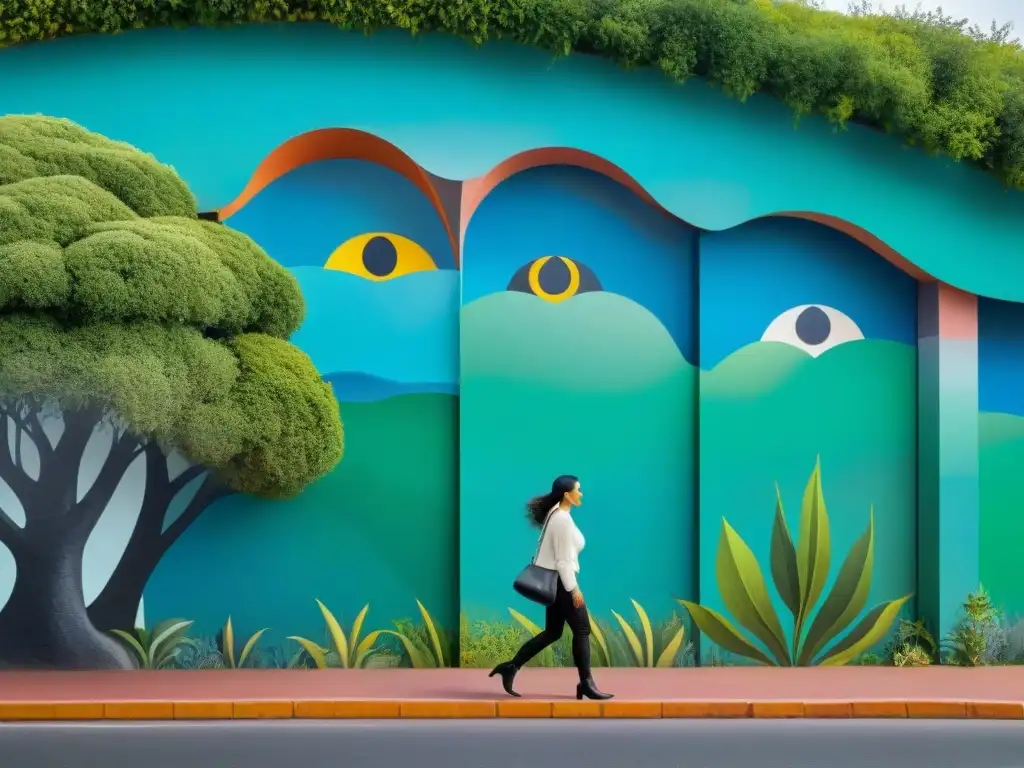 Un mural vibrante y detallado en Montevideo, Uruguay, fusionando la naturaleza con el arte contemporáneo uruguayo