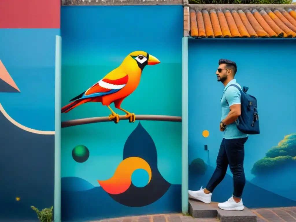 Un mural vibrante y detallado en una pared de Montevideo, Uruguay, con figuras surrealistas y elementos naturales