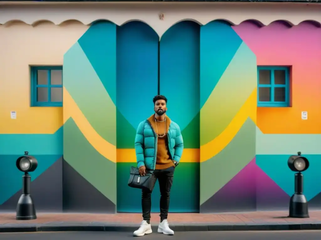 Un mural vibrante y detallado en Montevideo, Uruguay, con patrones geométricos en colores llamativos y elementos de surrealismo y arte abstracto