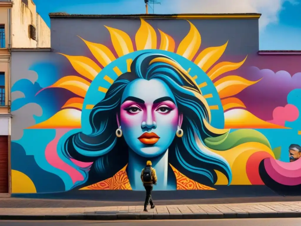 Un mural vibrante y detallado muestra a personas diversas creando arte urbano en Uruguay, con diseños intrincados y colores vivos en armonía