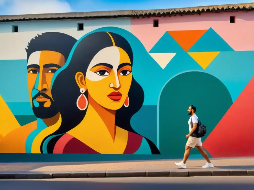 Un mural vibrante y detallado en Montevideo con representaciones coloridas de la cultura afrouruguaya y artistas celebrando el arte contemporáneo