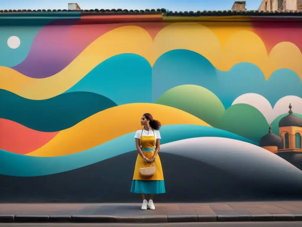 Un mural vibrante en Montevideo con detalles intrincados y colores llamativos