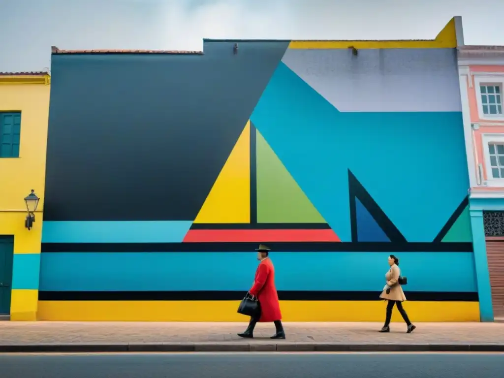 Un mural vibrante y dinámico de arte contemporáneo uruguayo vanguardista en colores primarios, contrastando con la arquitectura tradicional