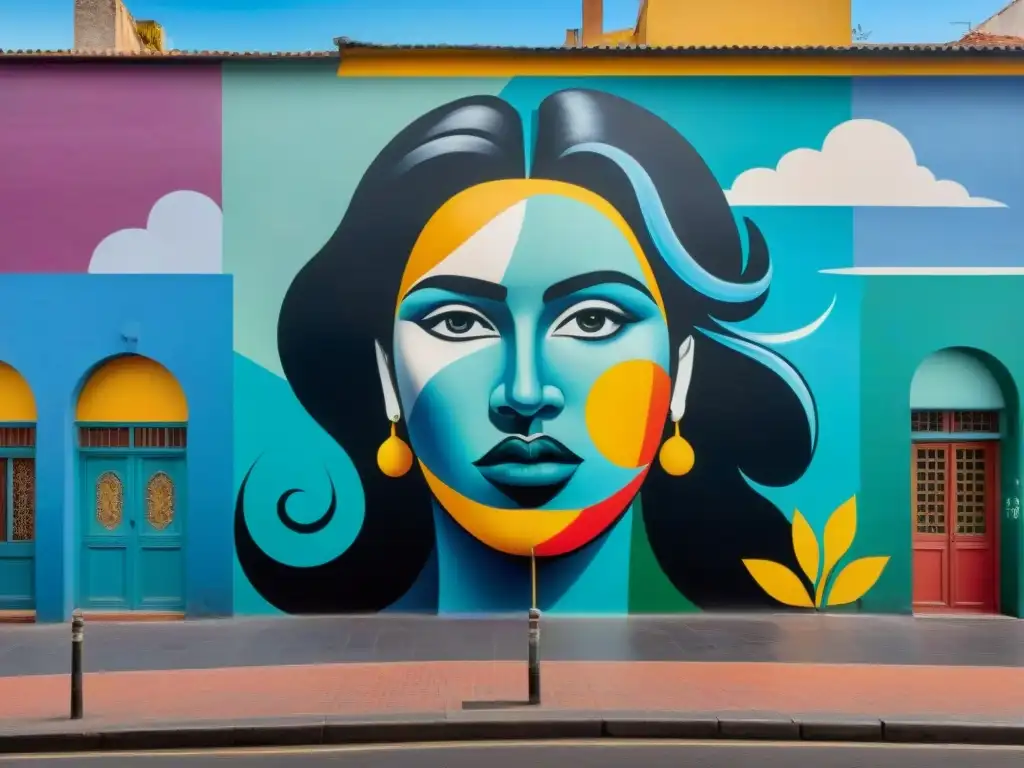 Un mural vibrante y dinámico en Montevideo, Uruguay, fusionando arte tradicional y urbano con impacto cultural