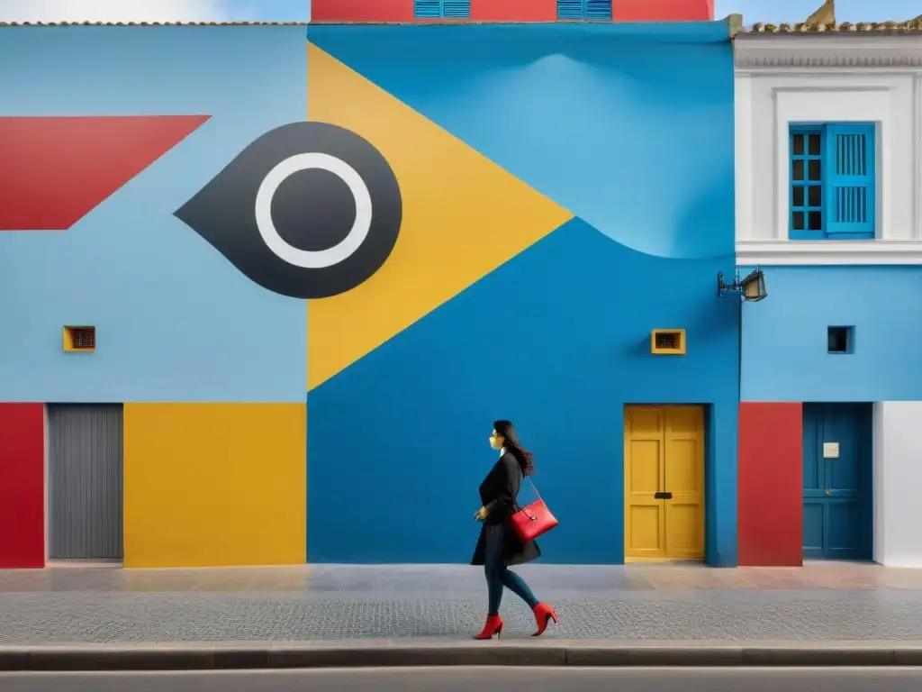 Un mural vibrante y dinámico en Montevideo, Uruguay, reflejando el arte contemporáneo uruguayo de artistas emergentes