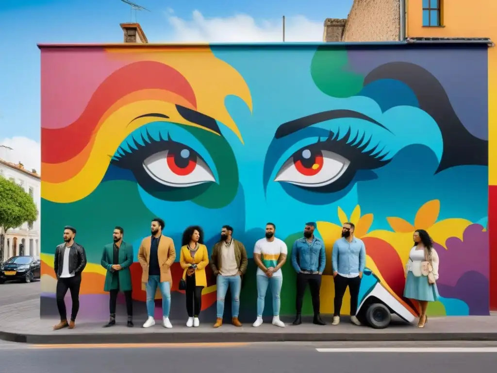 Un mural vibrante y dinámico de artistas emergentes de Uruguay creando arte juntos en un ambiente inclusivo y colaborativo, rodeados de colores y formas abstractas que simbolizan la creatividad e innovación