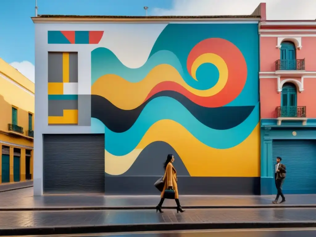 Un mural vibrante y dinámico en una bulliciosa calle de Montevideo, Uruguay, reflejando el arte contemporáneo uruguayo de artistas emergentes