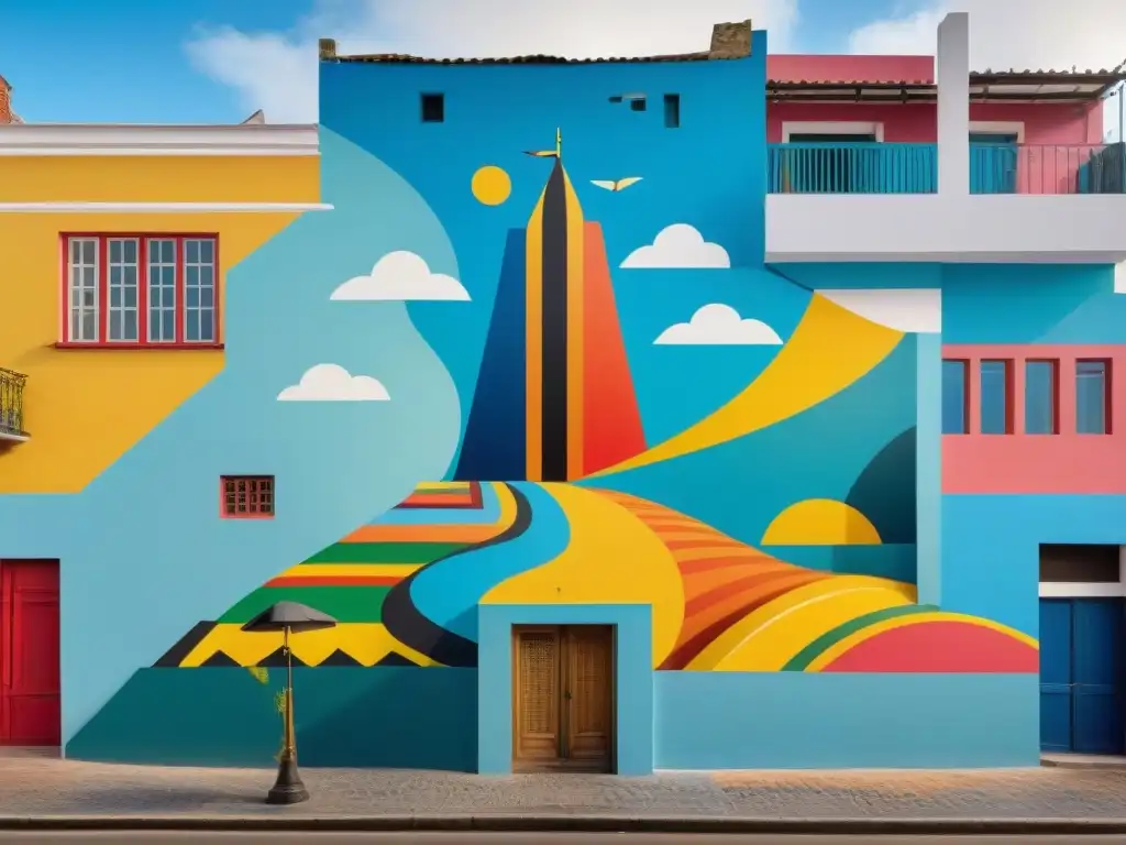 Un mural vibrante y dinámico en una calle bulliciosa de Uruguay, fusionando motivos tradicionales con técnicas artísticas innovadoras