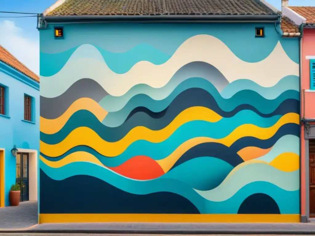 Un mural vibrante y dinámico con formas abstractas y colores audaces, mezclando patrones geométricos y líneas fluidas