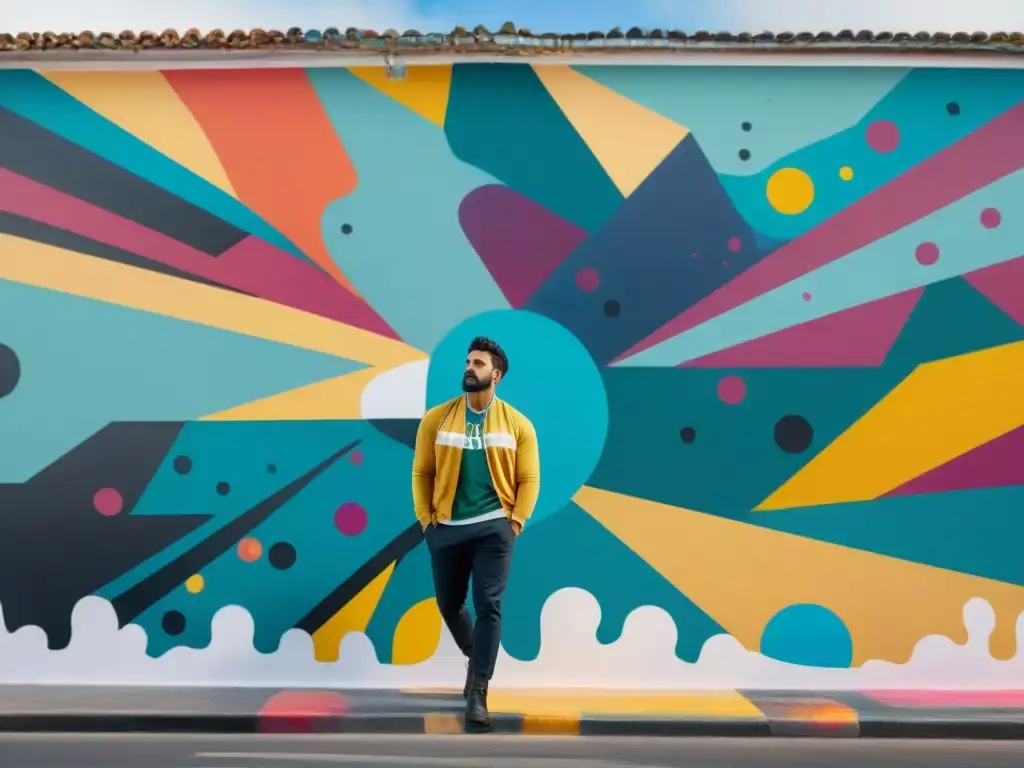 Un mural vibrante y dinámico que representa un grupo diverso de artistas creando arte juntos, rodeados de salpicaduras de pintura y formas abstractas