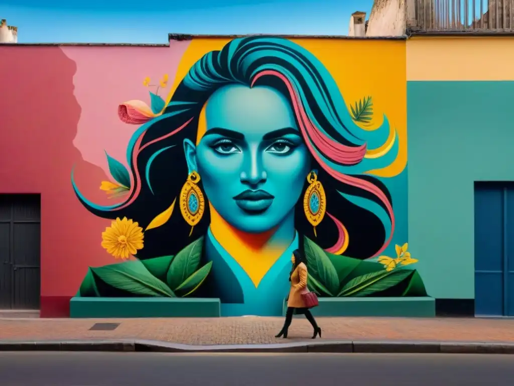 Un mural vibrante y dinámico en Montevideo, Uruguay, con una narrativa visual potente y colores llamativos