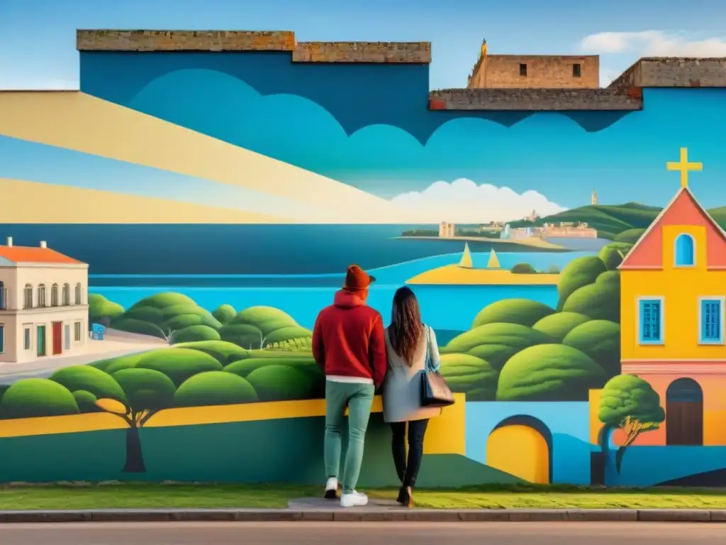 Un mural vibrante y dinámico en una pared de Uruguay muestra diversidad y colaboración, simbolizando cambio social