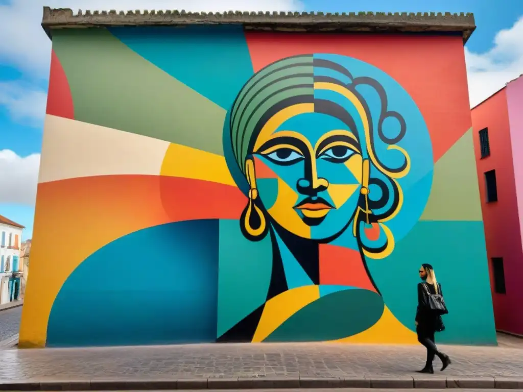Un mural vibrante y dinámico en una pared de Uruguay, reflejando movimientos artísticos uruguayos innovadores