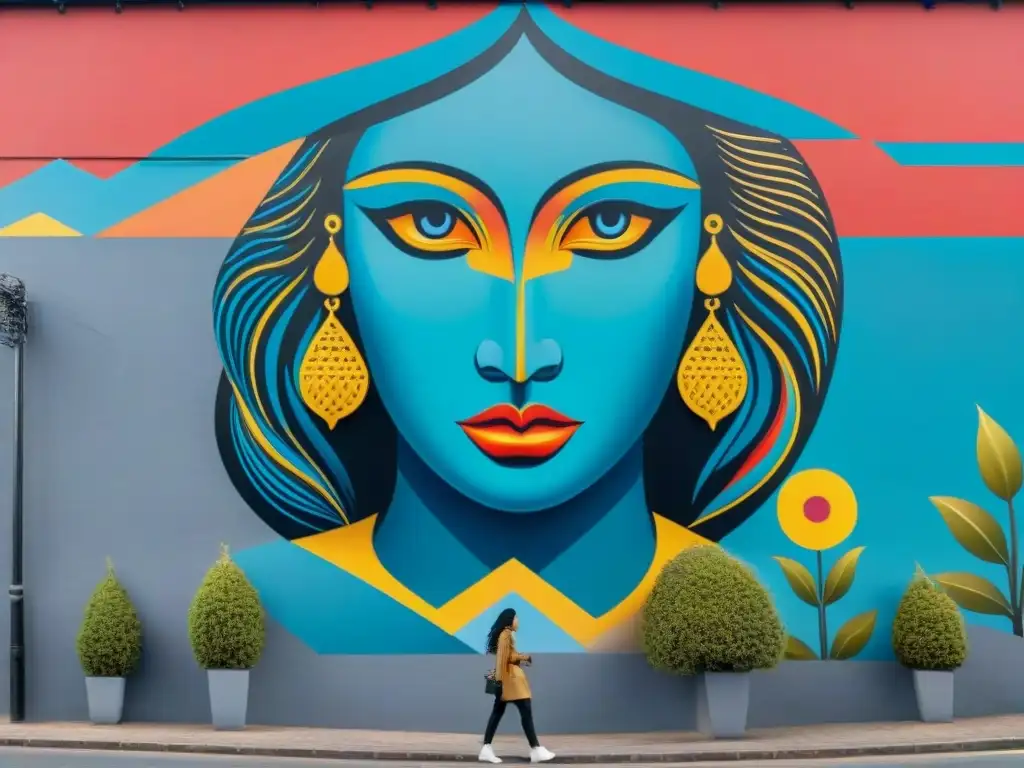 Un mural vibrante y dinámico en una pared de la ciudad en Uruguay, fusionando motivos indígenas tradicionales con técnicas de arte callejero moderno