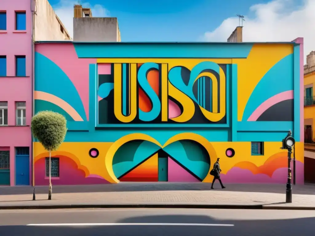 Un mural vibrante y dinámico en Montevideo, Uruguay, fusionando símbolos culturales y estilos artísticos