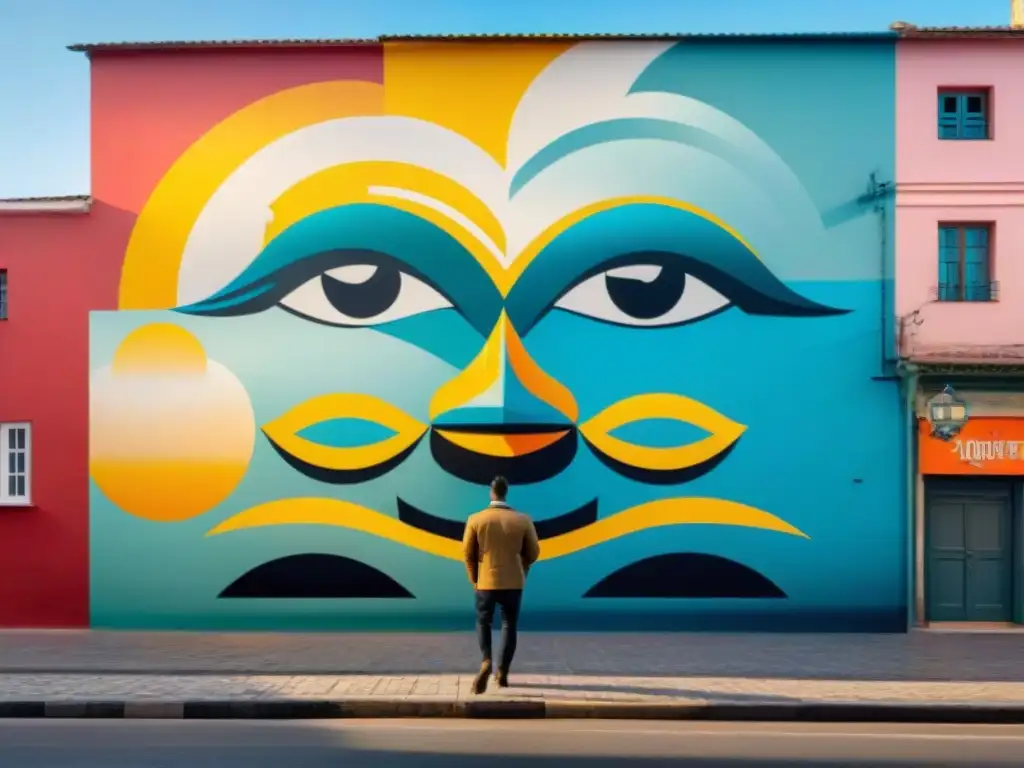 Un mural vibrante y dinámico que fusiona símbolos uruguayos tradicionales con técnicas artísticas contemporáneas, colores brillantes y patrones intrincados que representan la rica herencia cultural y expresiones artísticas modernas de Uruguay