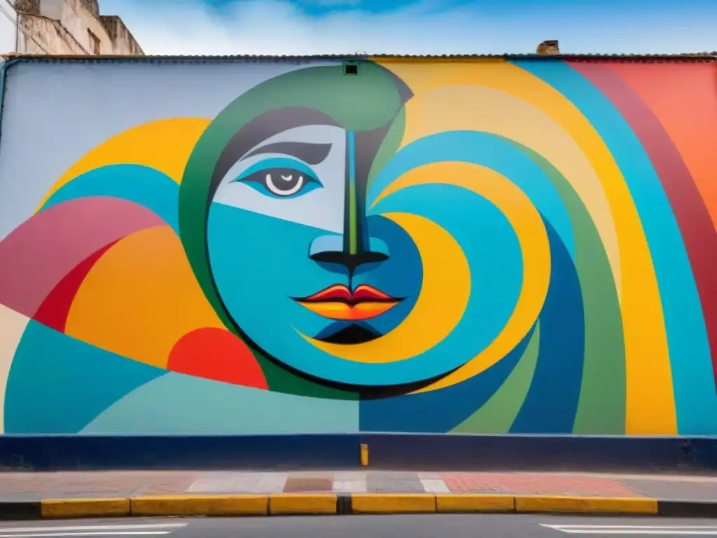 Un mural vibrante y dinámico que fusiona técnicas artísticas tradicionales uruguayas con elementos abstractos modernos, simbolizando la fusión de patrimonio e innovación en los programas educativos de arte contemporáneo en Uruguay