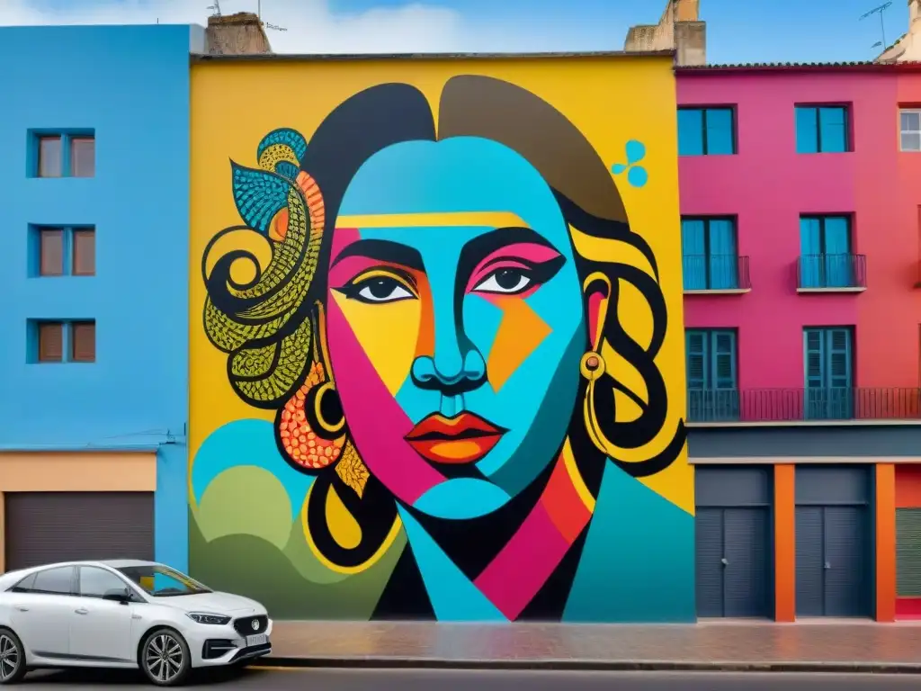 Un mural vibrante y dinámico en Montevideo, Uruguay, fusionando técnicas tradicionales con influencias de arte callejero contemporáneo