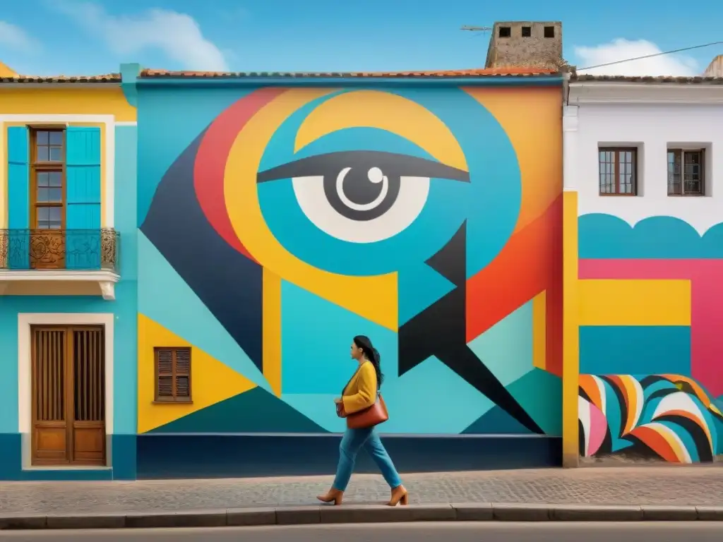 Un mural vibrante y dinámico que fusiona técnicas tradicionales del arte uruguayo con influencias modernas del arte callejero