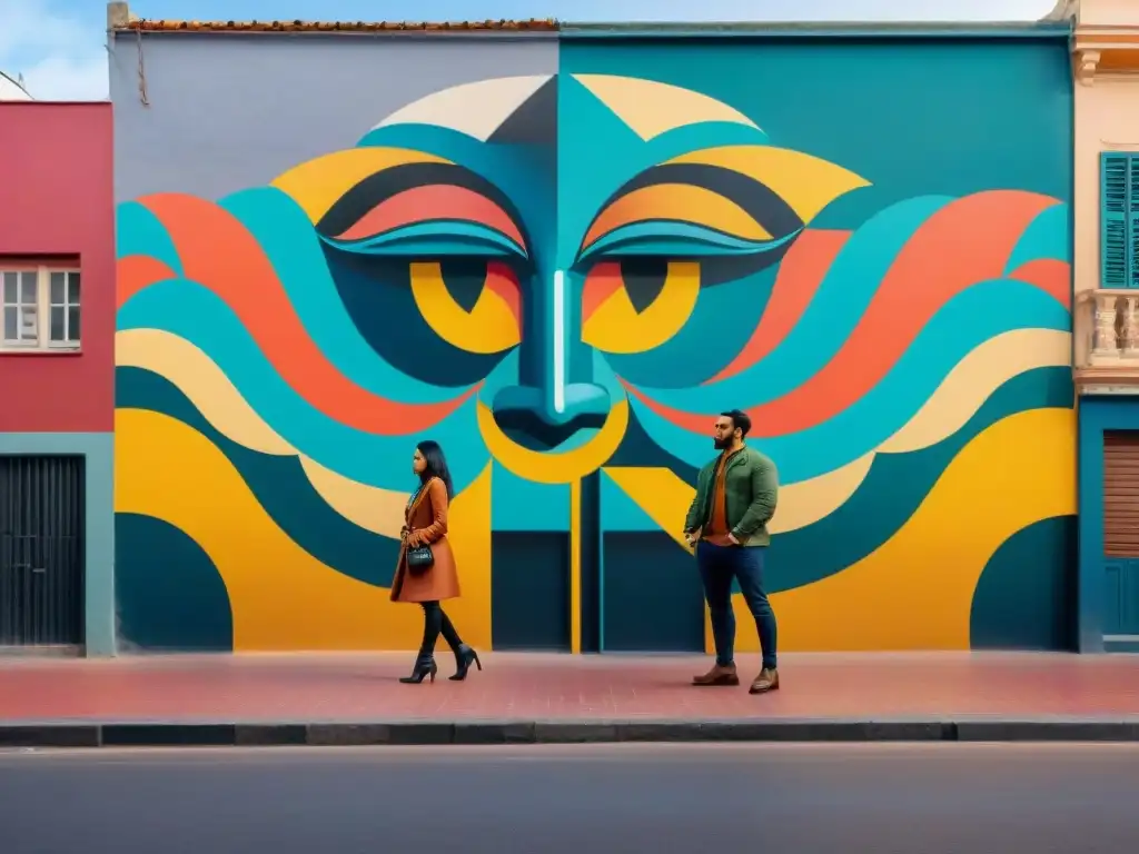 Un mural vibrante y dinámico en Montevideo, Uruguay, que simboliza la unidad y creatividad en colaboraciones de arte contemporáneo en Uruguay