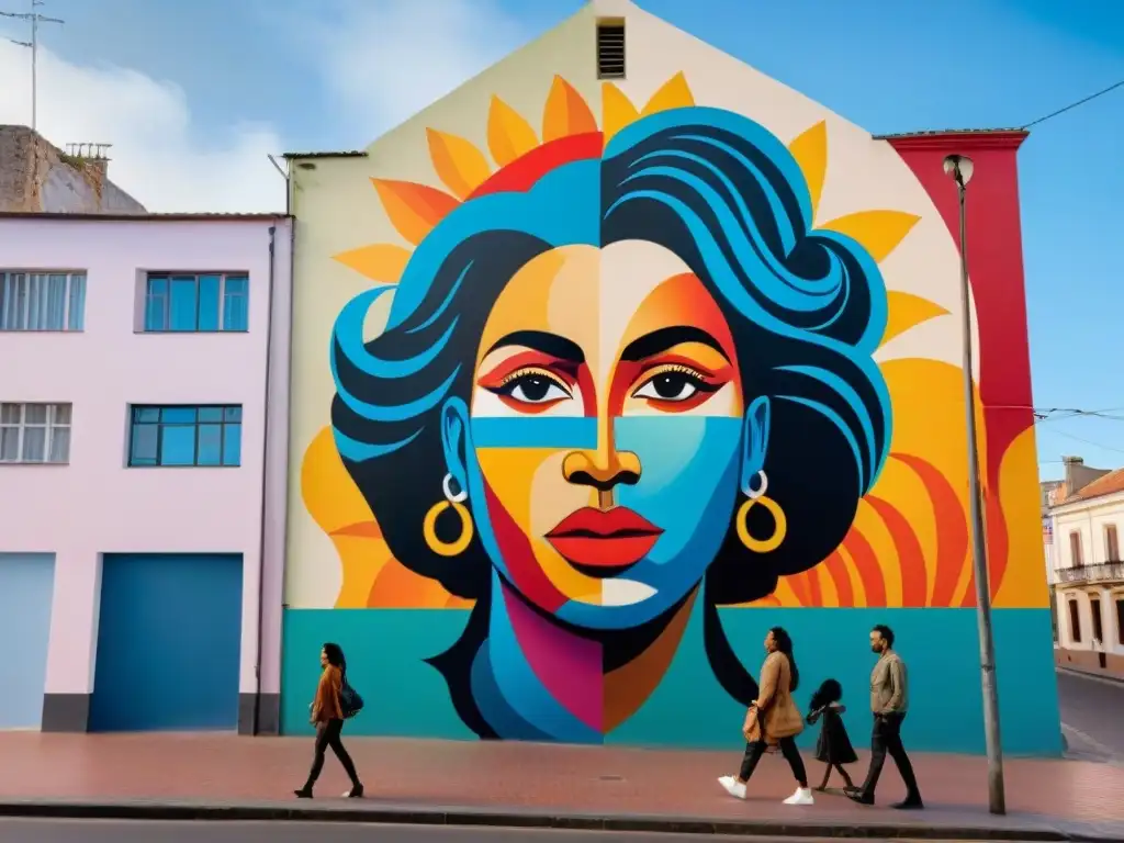 Un mural vibrante en Uruguay retratando la diversidad de la comunidad con colores intensos y detalles únicos