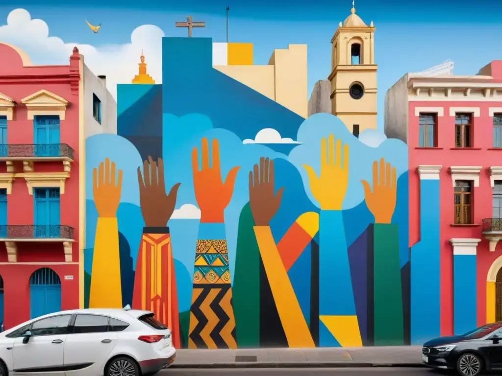 Un mural vibrante que representa la diversidad cultural de Uruguay, con manos entrelazadas hacia el cielo en un impactante arte urbano