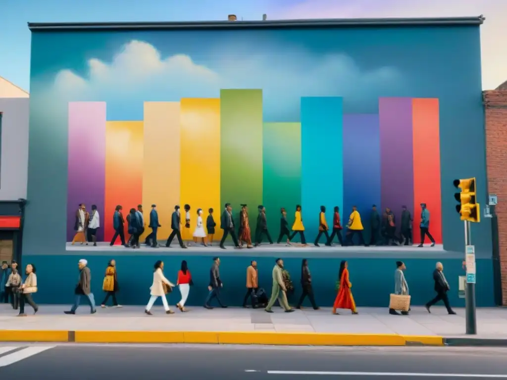 Un mural vibrante y diverso en una plaza urbana, muestra personas de todas las edades, géneros y habilidades creando arte juntas