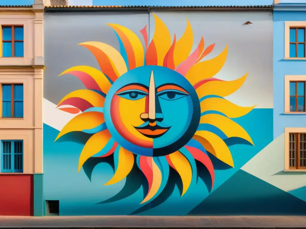 Un mural vibrante en un edificio histórico de Montevideo, fusionando símbolos tradicionales con formas modernas y colores brillantes