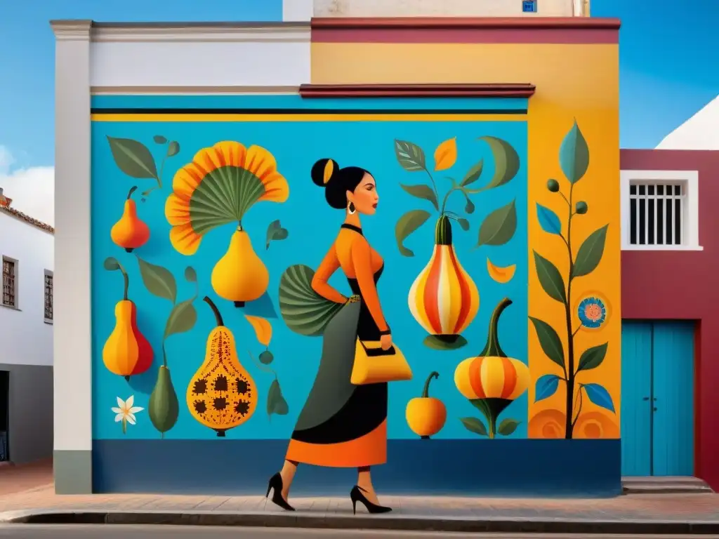 Un mural vibrante que fusiona elementos culturales tradicionales uruguayos con arte urbano moderno, impactando el turismo local