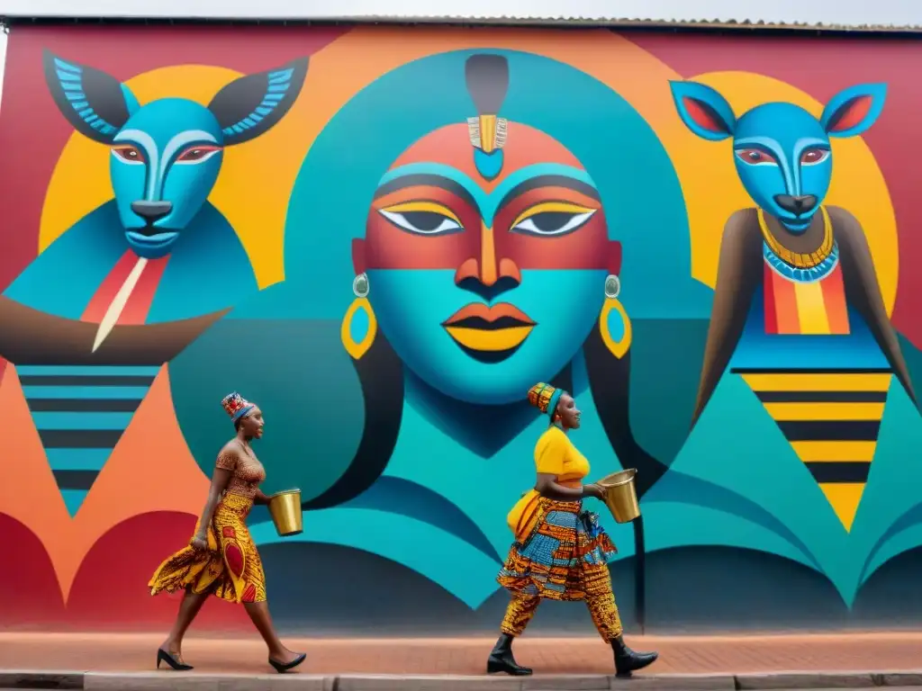 Un mural vibrante que fusiona elementos culturales africanos y uruguayos, celebrando la influencia afrouruguaya en arte contemporáneo