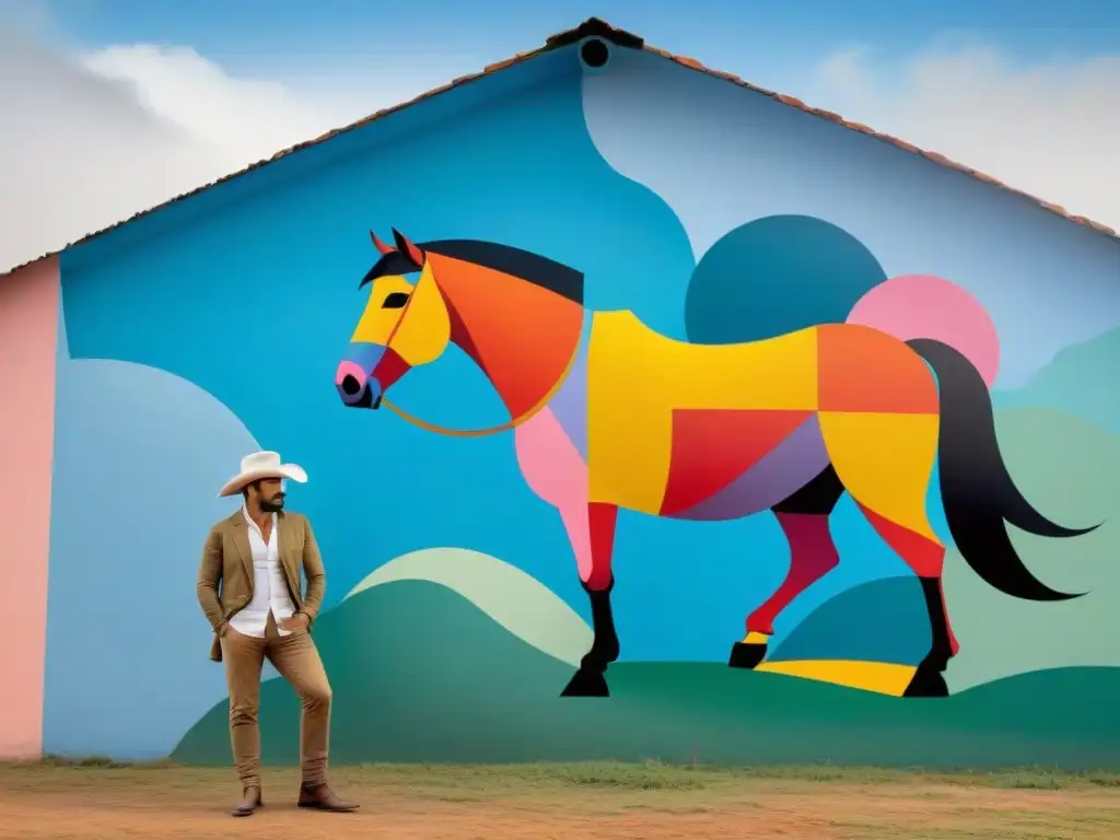 Un mural vibrante que fusiona elementos rurales tradicionales uruguayos con un giro moderno y abstracto