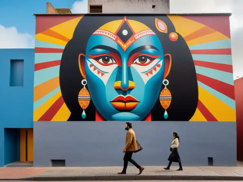 Mural vibrante en entorno urbano de Uruguay fusiona arte indígena tradicional con elementos contemporáneos