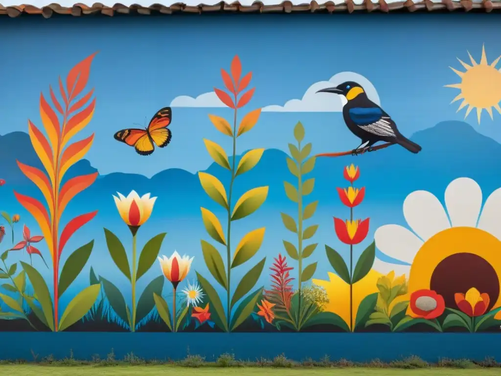 Mural vibrante de especies en Uruguay rodeado de naturaleza, simbolizando la sostenibilidad ambiental y el arte contemporáneo