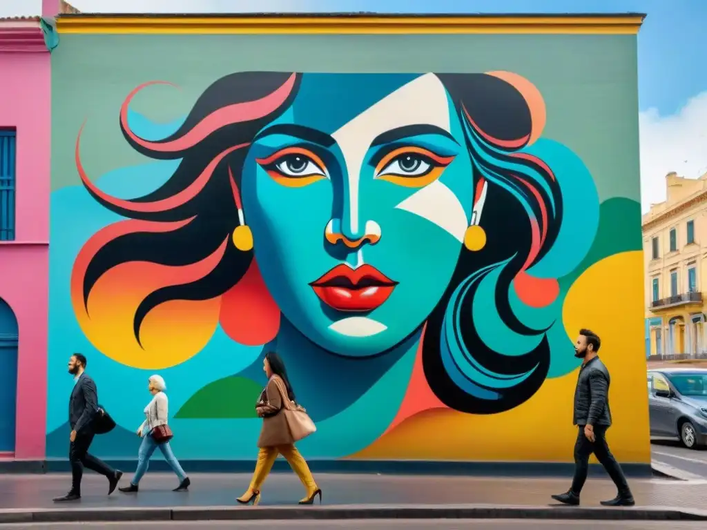 Un mural vibrante en Montevideo, Uruguay, fusionando estilos artísticos contemporáneos e influencias culturales