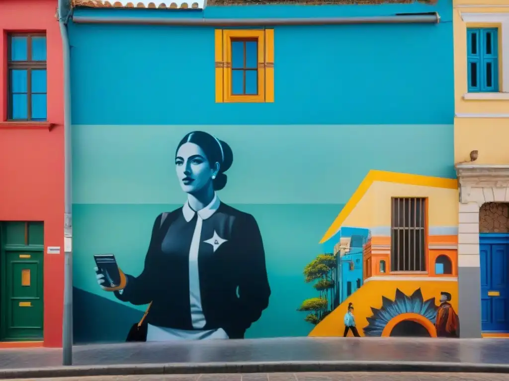 Un mural vibrante en Montevideo, Uruguay fusionando figuras históricas y arte contemporáneo, conectando archivos históricos con la sociedad uruguaya