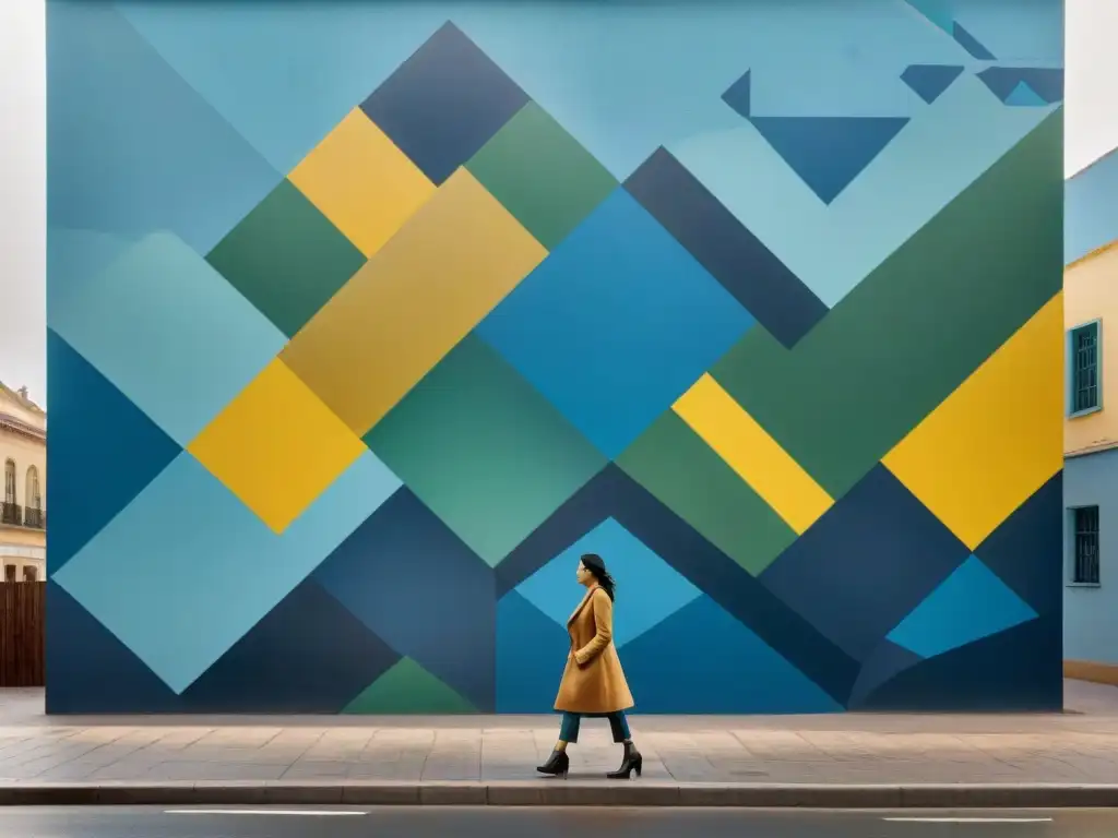 Un mural vibrante inspirado en el arte contemporáneo uruguayo, con formas abstractas y colores audaces que se entrelazan armoniosamente