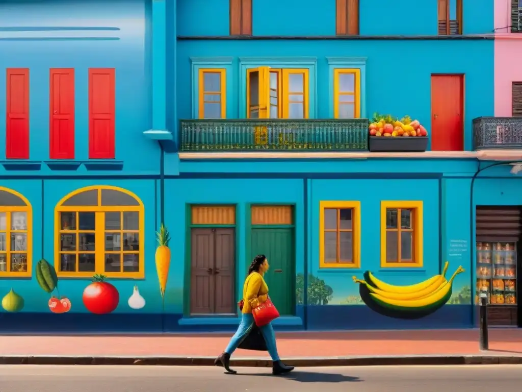 Mural vibrante de Montevideo: mercado callejero, vecinos animados, niños jugando, edificios coloridos