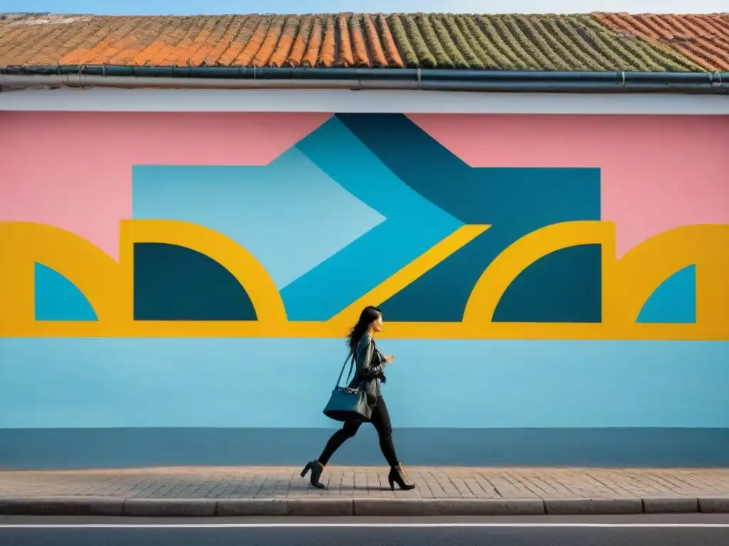 Un mural vibrante y moderno en Uruguay, reflejando el arte mural contemporáneo en el país con formas abstractas y colores audaces