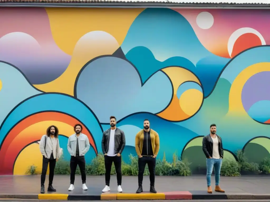 Un mural vibrante y moderno con artistas uruguayos colaborando en una obra colorida y única