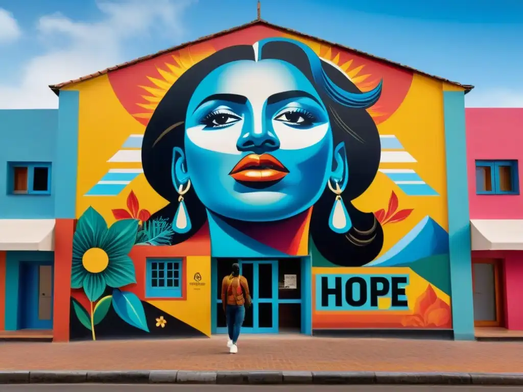 Un mural vibrante y moderno en un centro comunitario de Uruguay, reflejando la unidad entre residentes y el impacto del arte en sociedad