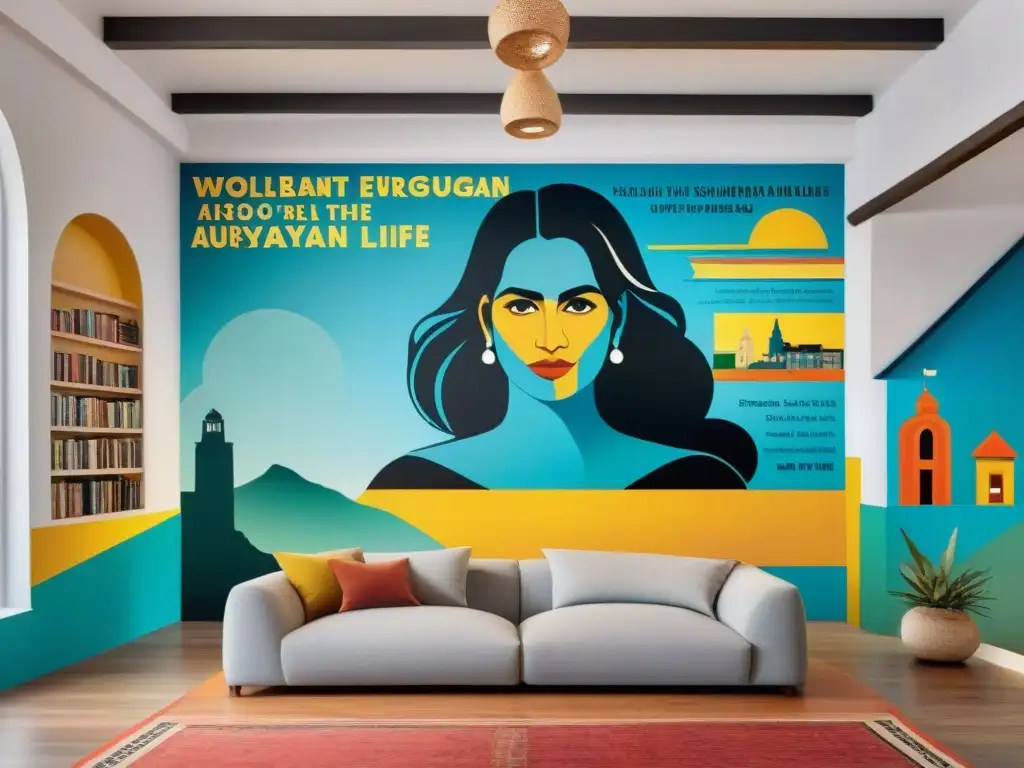 Mural literario uruguayo: arte contemporáneo en colores vibrantes Un mural vibrante y moderno que refleja escenas diversas de la vida contemporánea en Uruguay, con colores brillantes y detalles intrincados