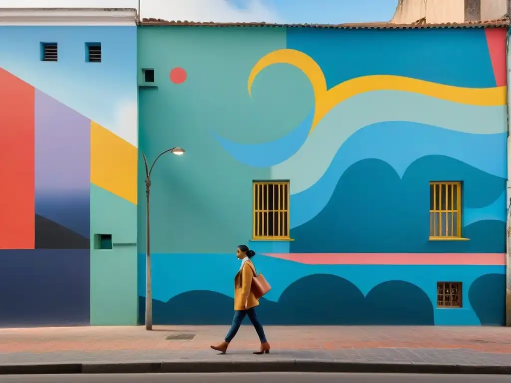 Un mural vibrante en Montevideo que fusiona motivos tradicionales uruguayos con arte abstracto moderno, reflejando la transformación del arte contemporáneo uruguayo