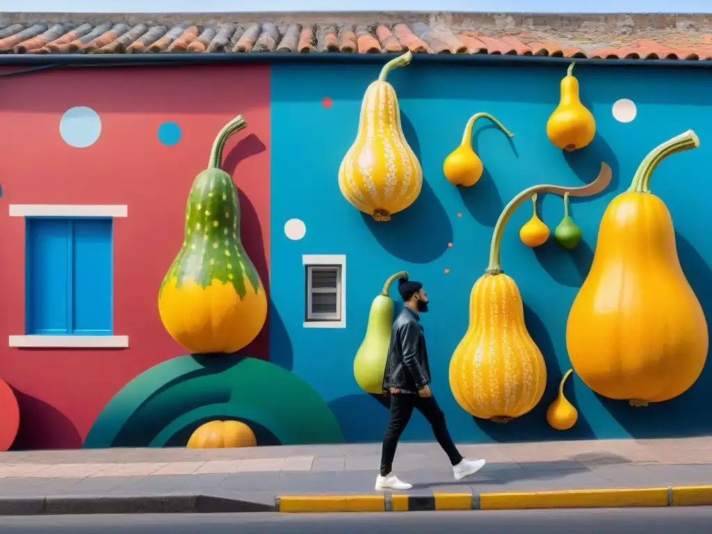 Un mural vibrante que fusiona motivos tradicionales uruguayos con elementos futuristas, destacando la conservación murales urbanos arte público