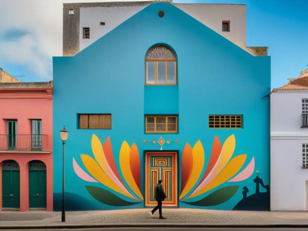 Un mural vibrante en Montevideo, Uruguay, fusionando motivos tradicionales con elementos abstractos modernos