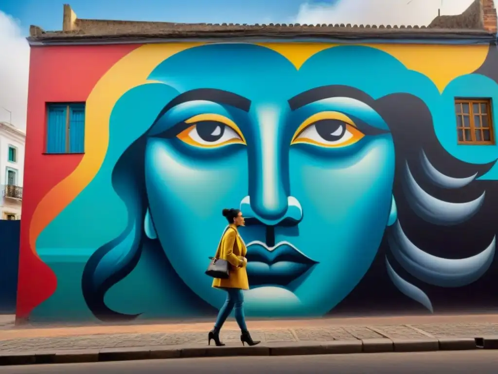 Un mural vibrante que fusiona motivos tradicionales uruguayos con estilos artísticos contemporáneos, reflejando la evolución del arte en Uruguay